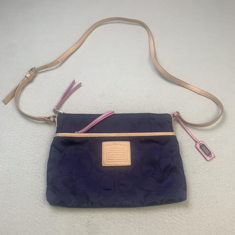 Coach Crossbody Bag Womens Small Purple Signature Jacquard Leather Logo 24861